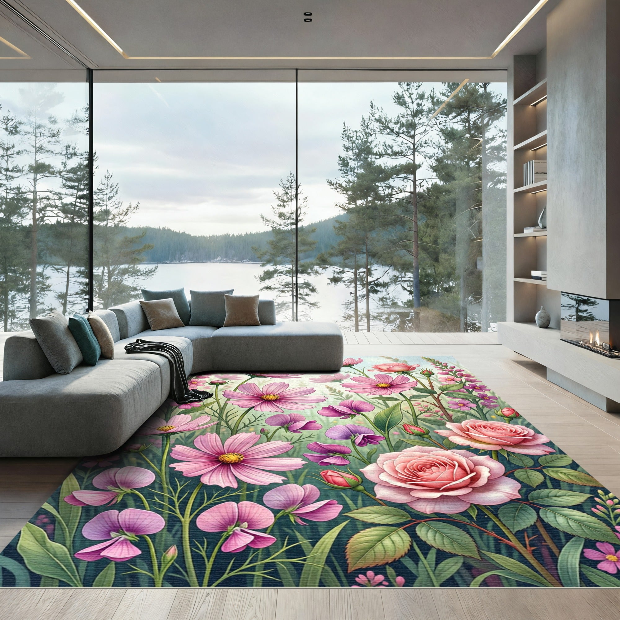 Soft Pink Botanical Garden Floral Rug