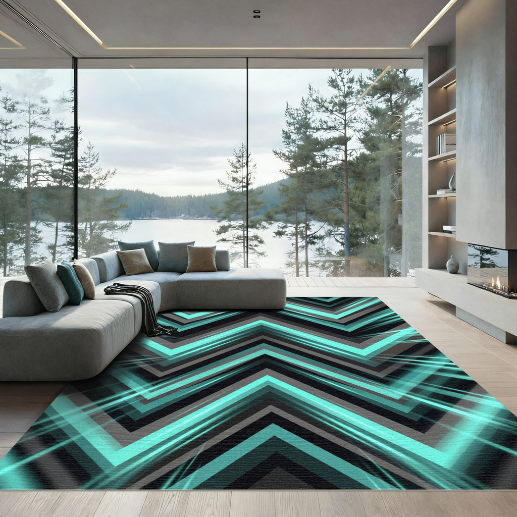 Modern Teal Iridescent Chevron Geometric Rug