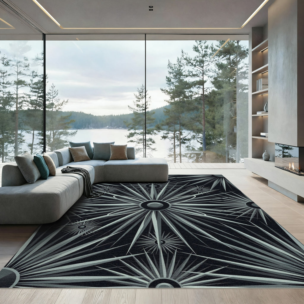 Gray Sunburst Geometric Explosion Rug