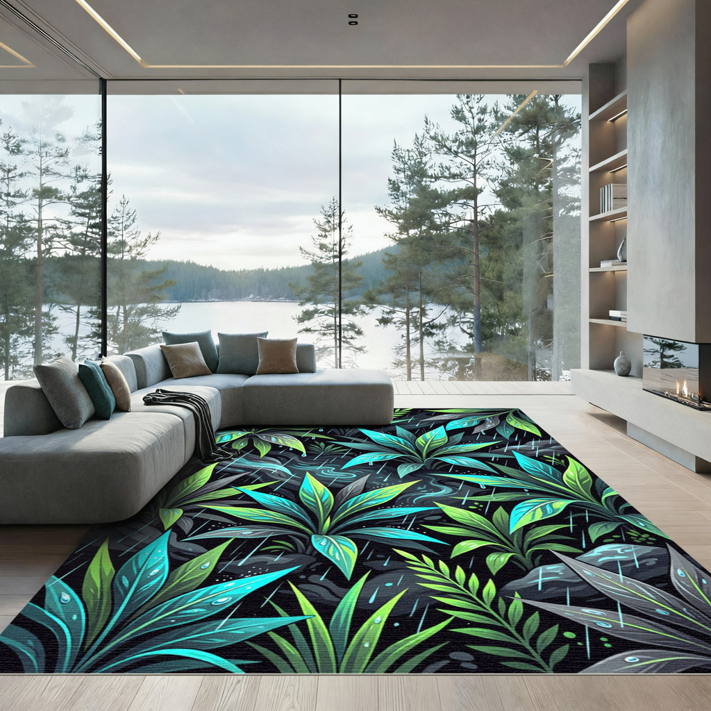 Lush Neon Tropical Rain Forest Leaf Rug