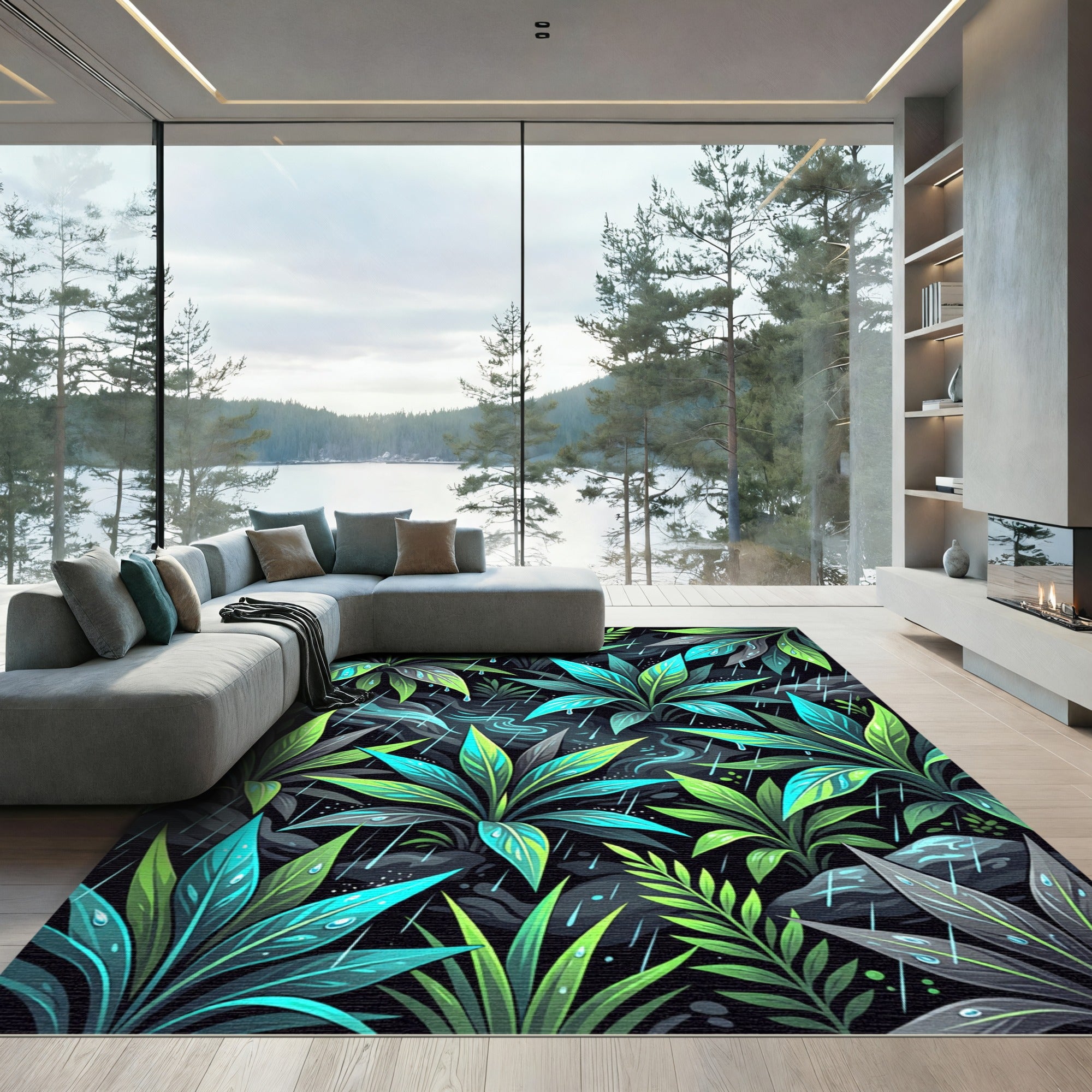 Lush Neon Tropical Rain Forest Leaf Rug