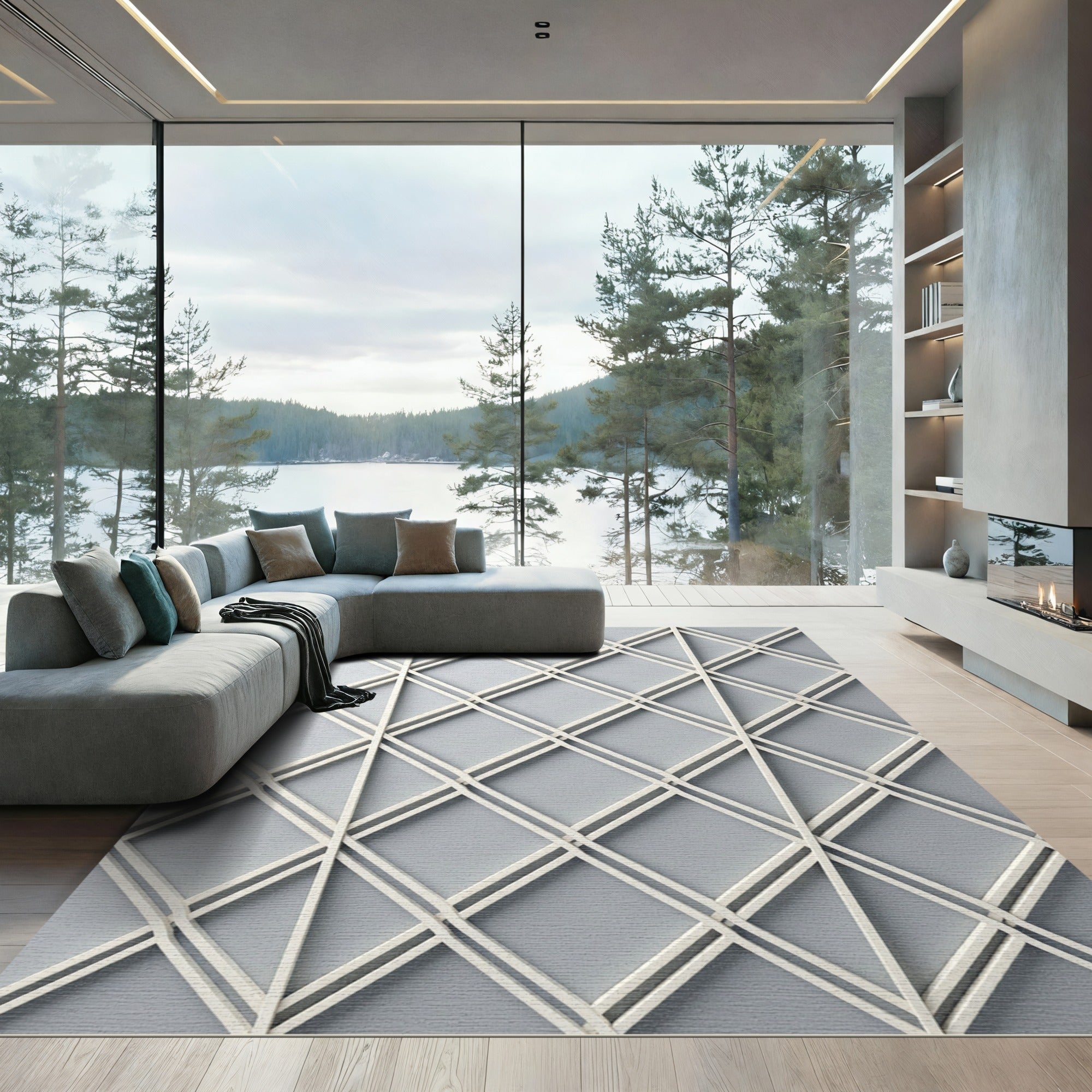 Minimalist Cream and Slate Lattice Rug