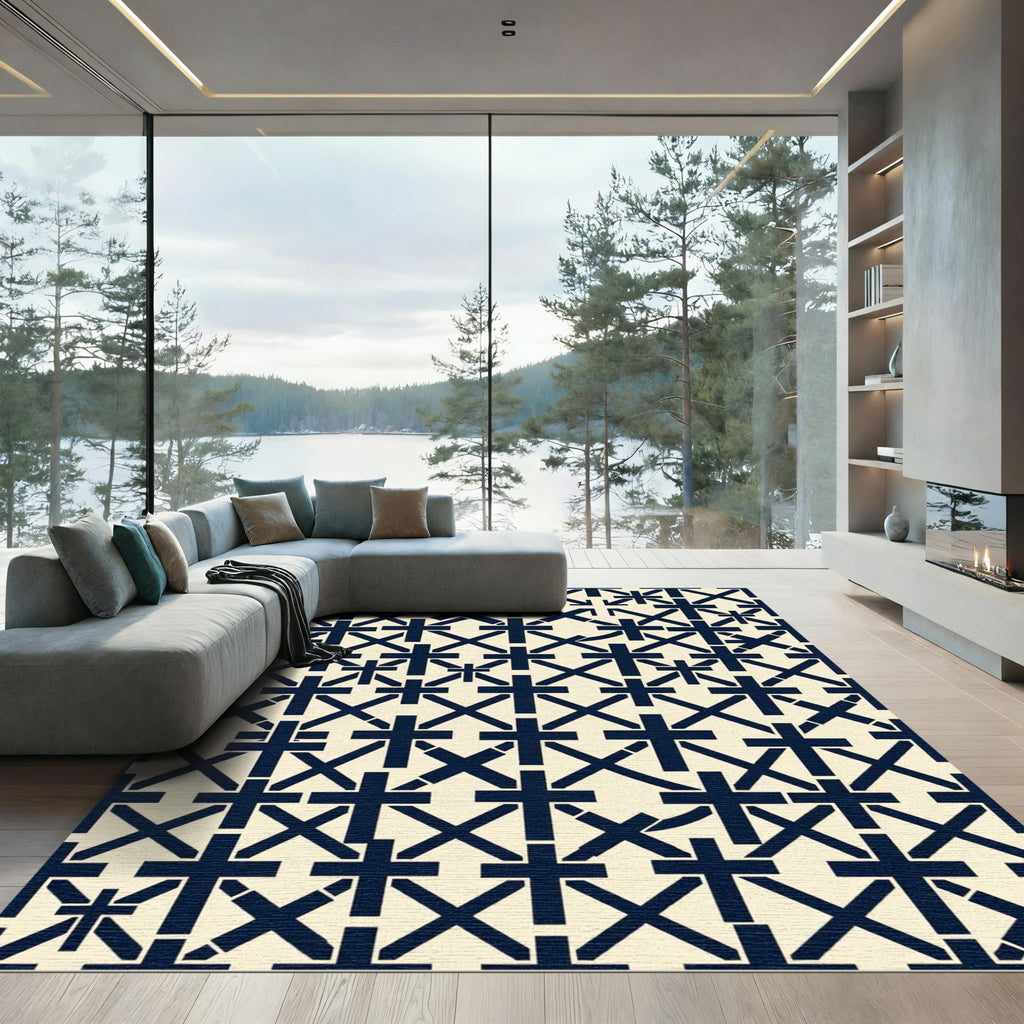 Navy Geometric Cross Grid Rug