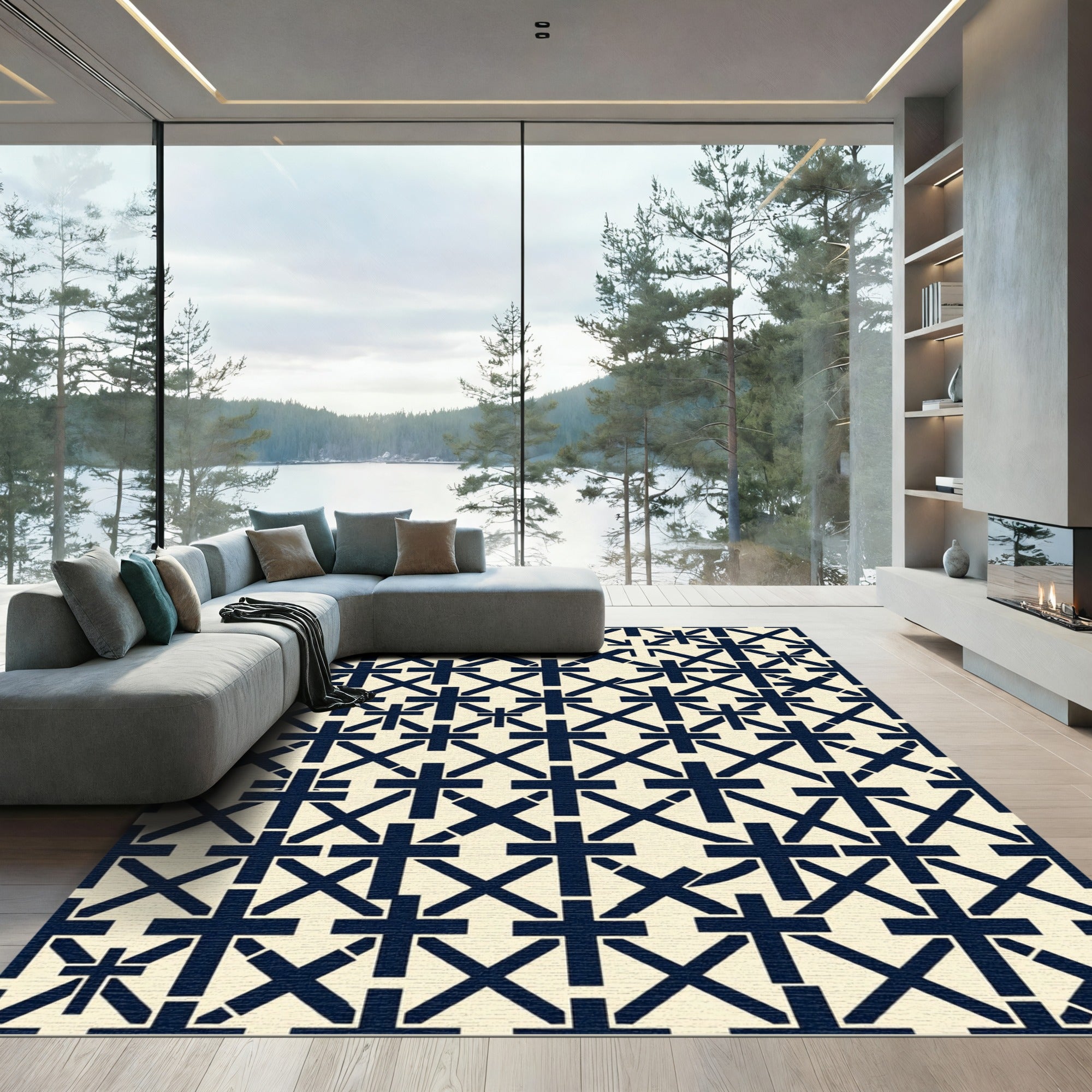 Navy Geometric Cross Grid Rug