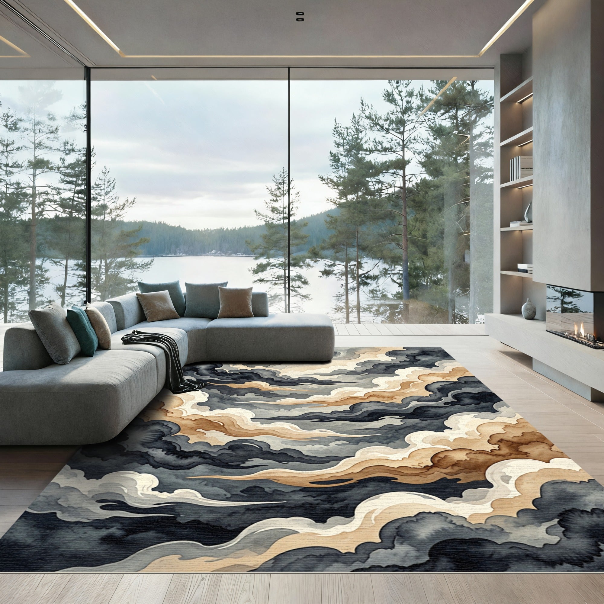 Ethereal Stormy Ink Cloud Swirl Rug