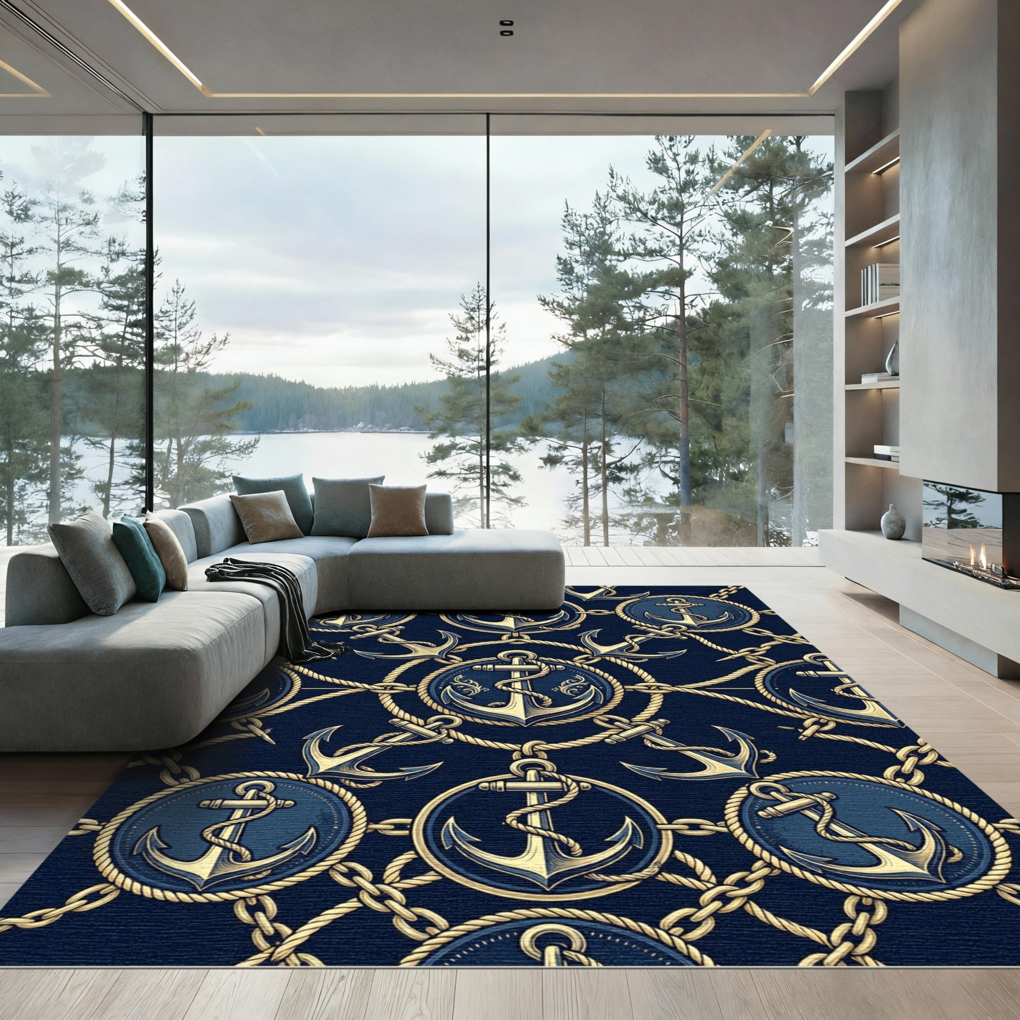 Navy Gold Nautical Anchor Chain Rug