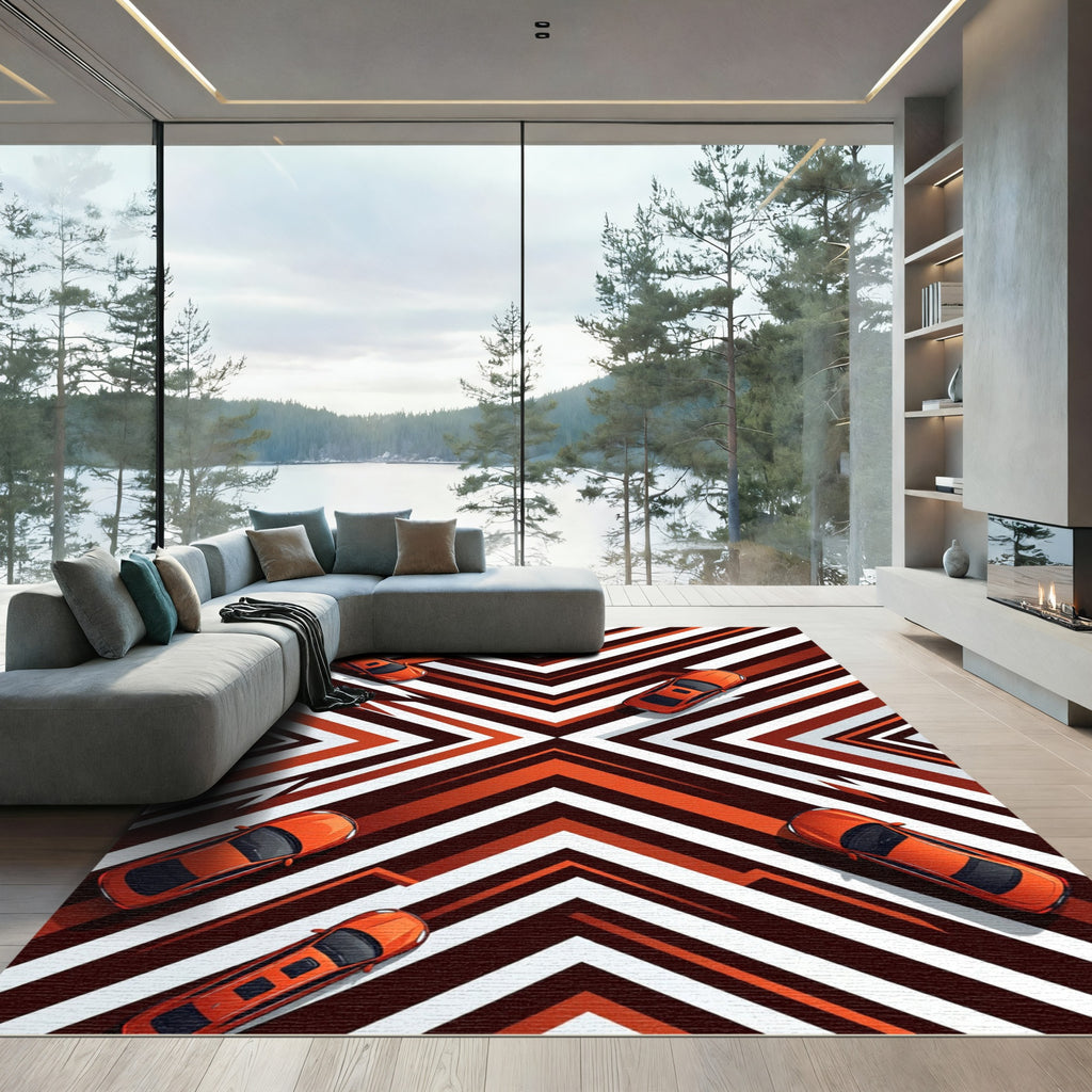 Modern Burnt Orange Geometric Chevron Abstract Rug