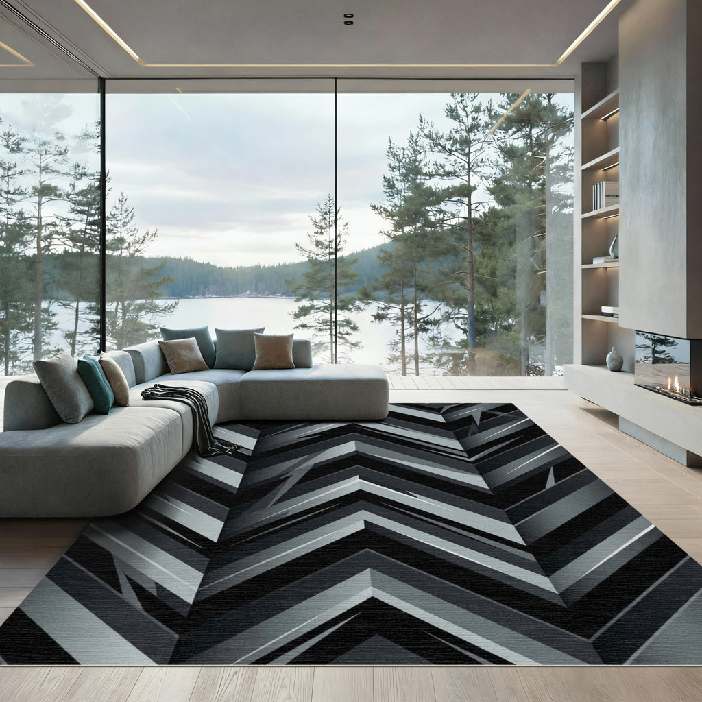Modern Monochromatic Geometric Chevron Layered Rug