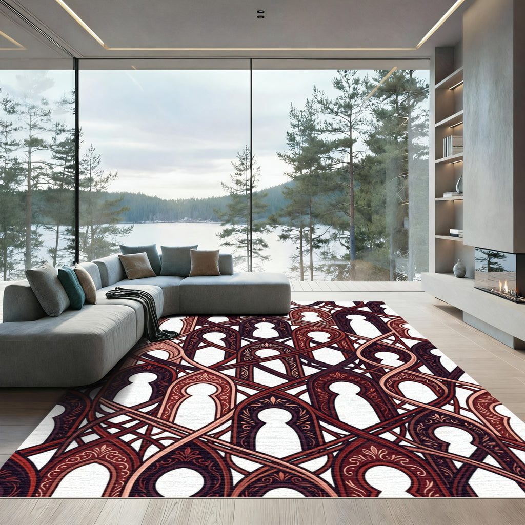 Intricate Burgundy Arched Lattice Overlay Rug