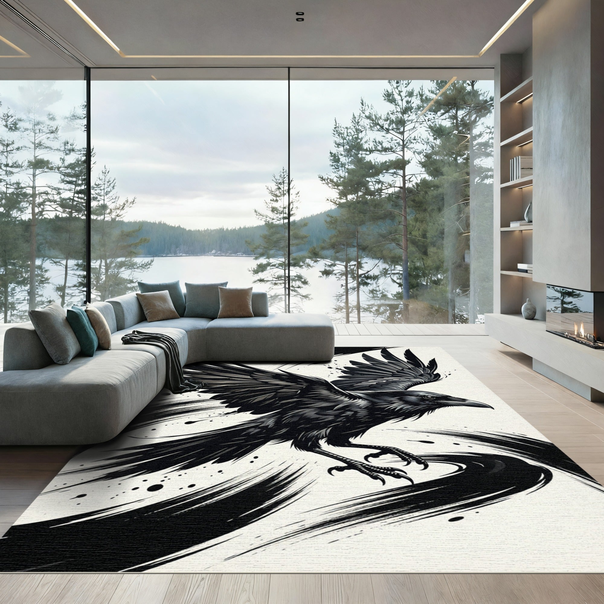 Bold Black Raven Winged Stroke Rug