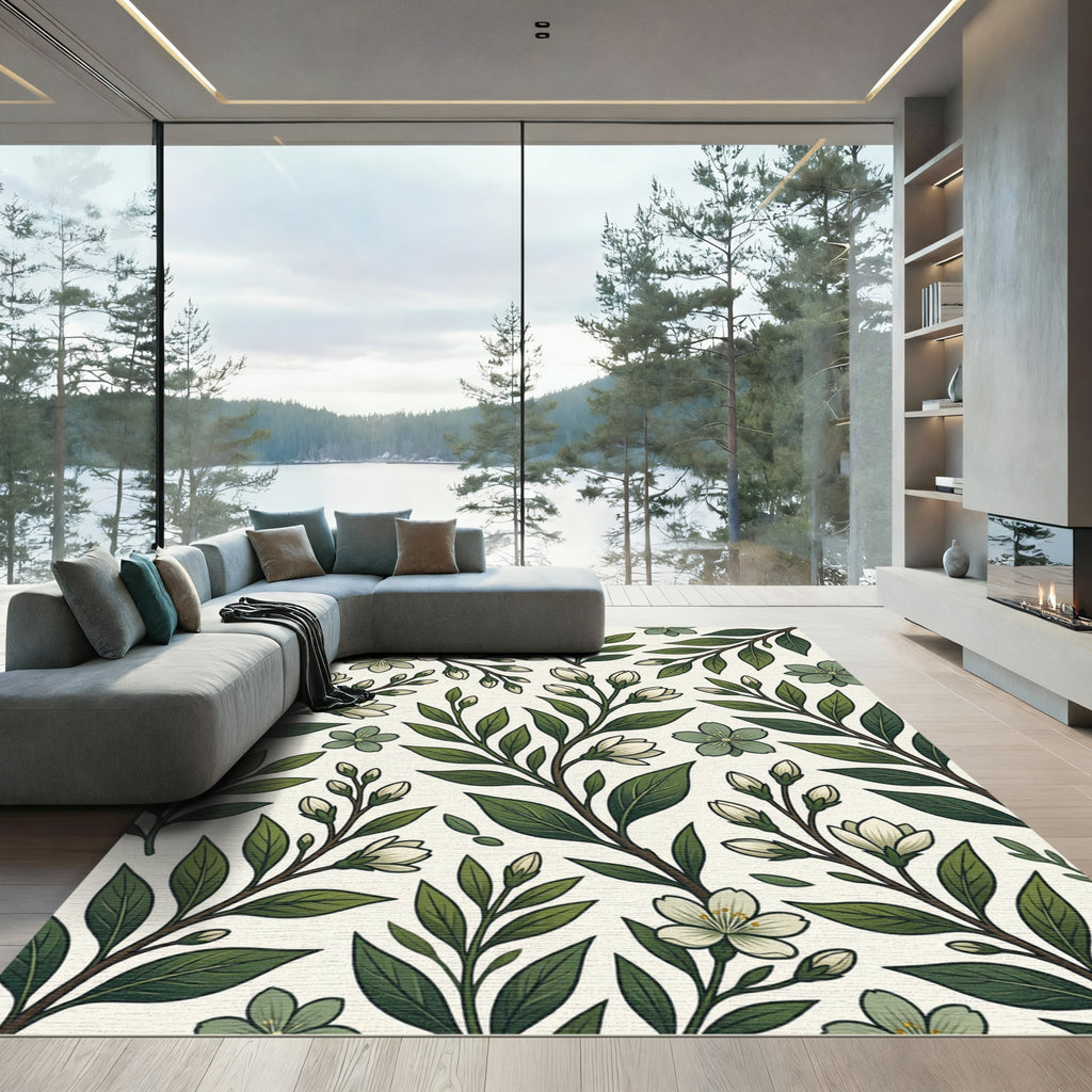 Elegant Olive Green Botanical Jasmine Rug