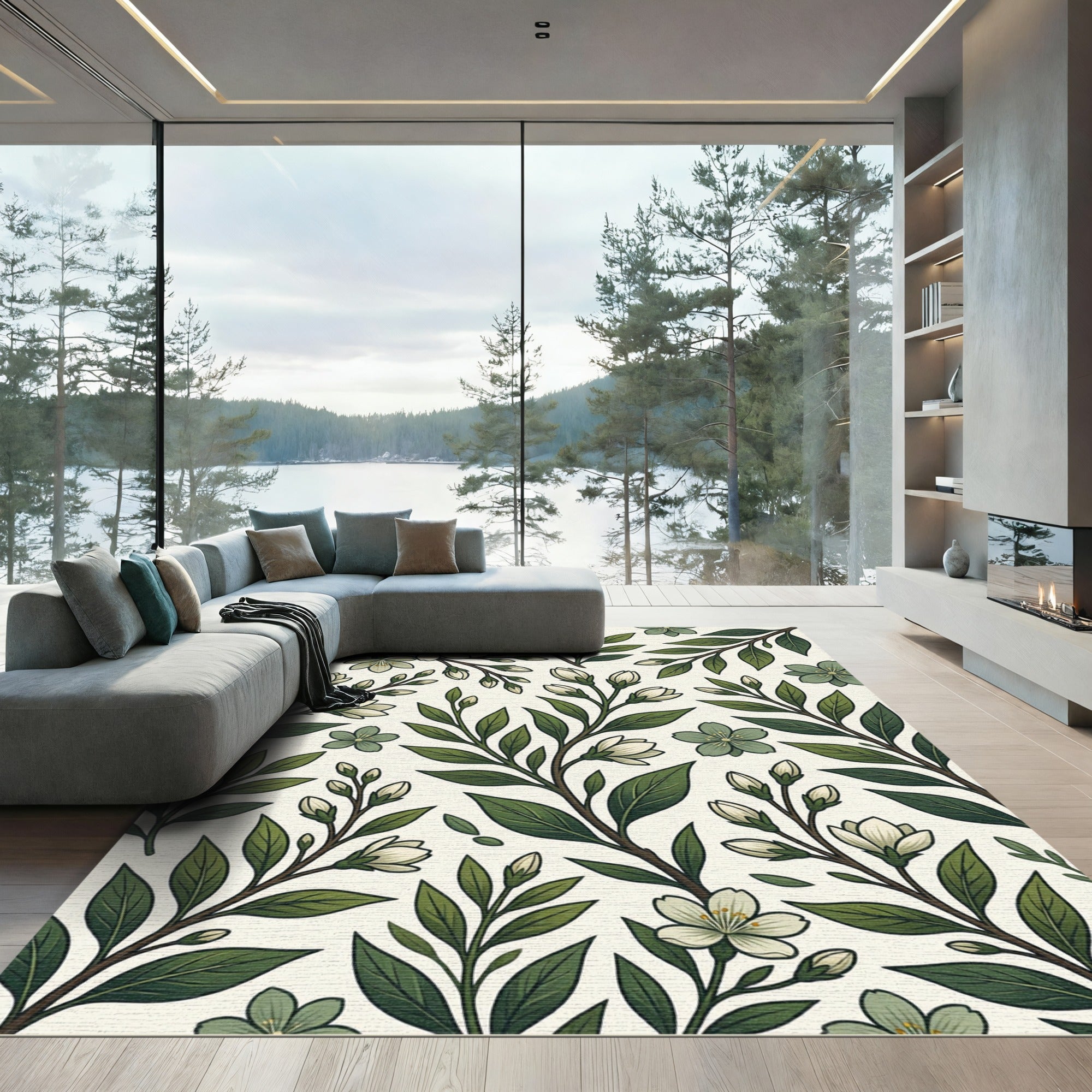 Elegant Olive Green Botanical Jasmine Rug