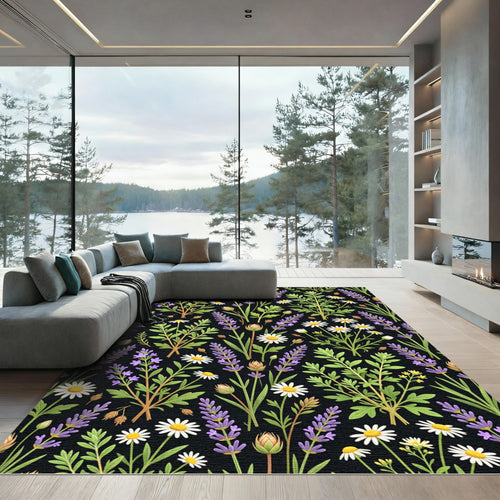 Black Lavender Daisy Garden Arrangement Rug