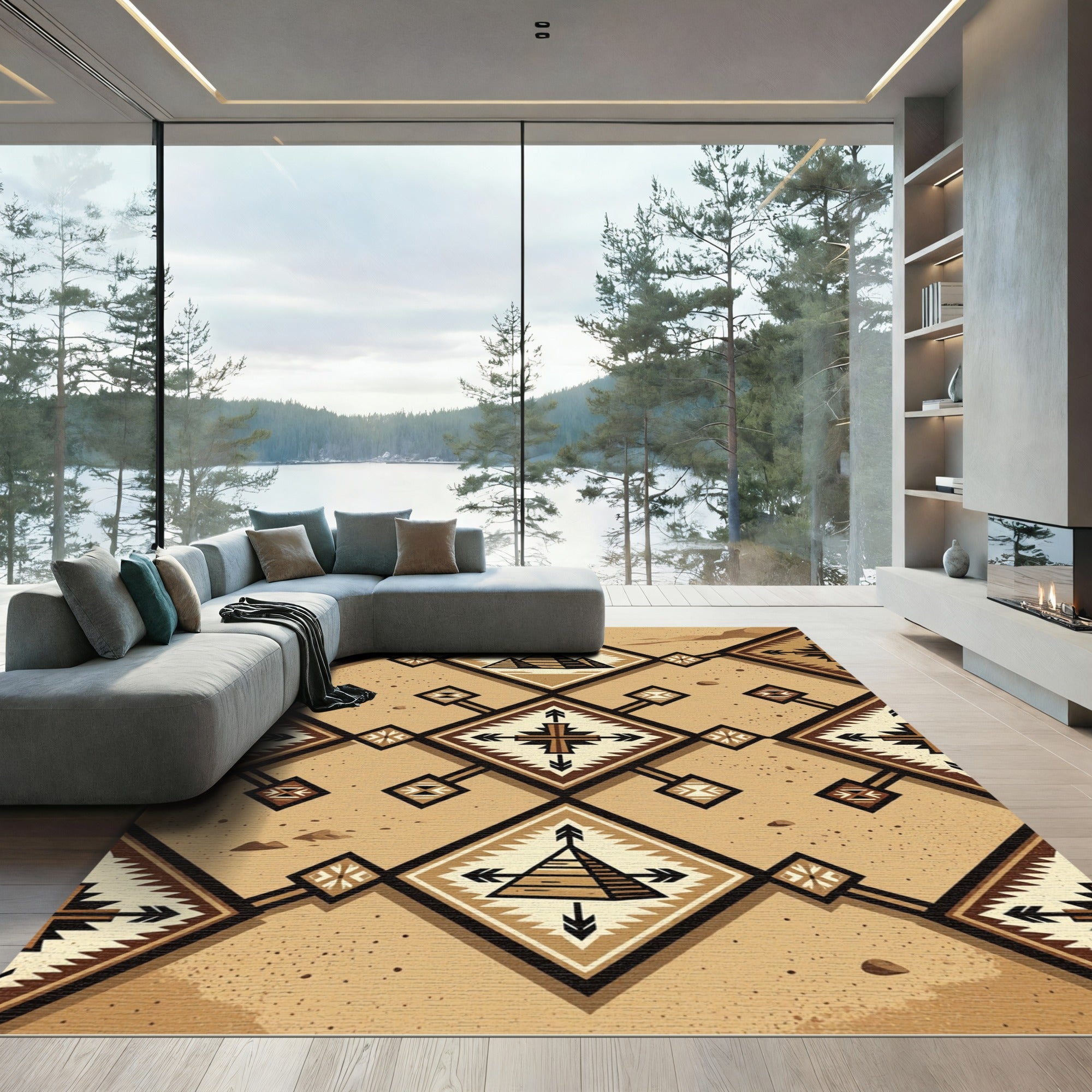 Earthy Sand Tone Geometric Pyramid Rug