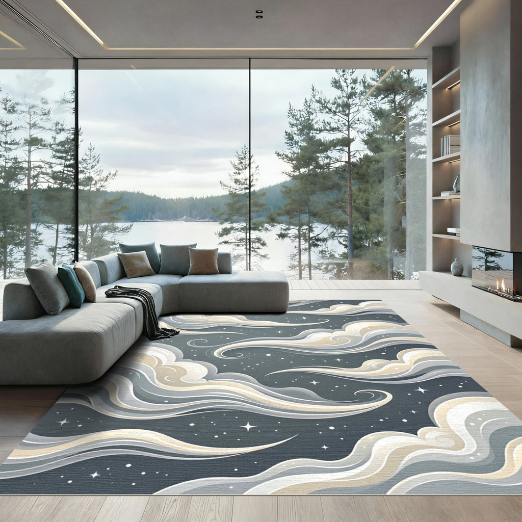 Celestial Cream and Charcoal Swirling Clouds Rug