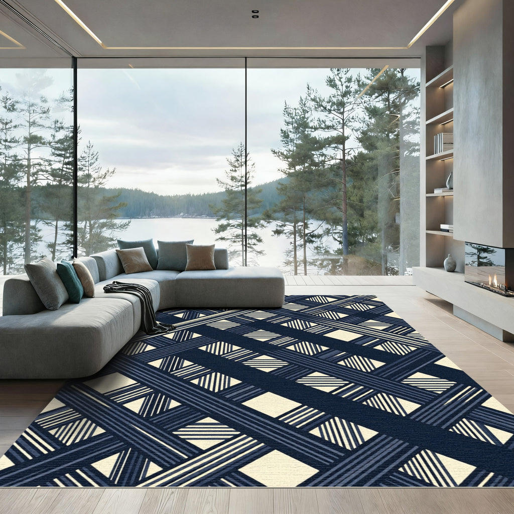 Navy Blue Geometric Intersecting Grid Rug