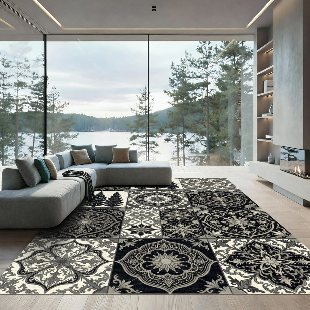 Monochromatic Filigree Tree Medallion Collage Rug