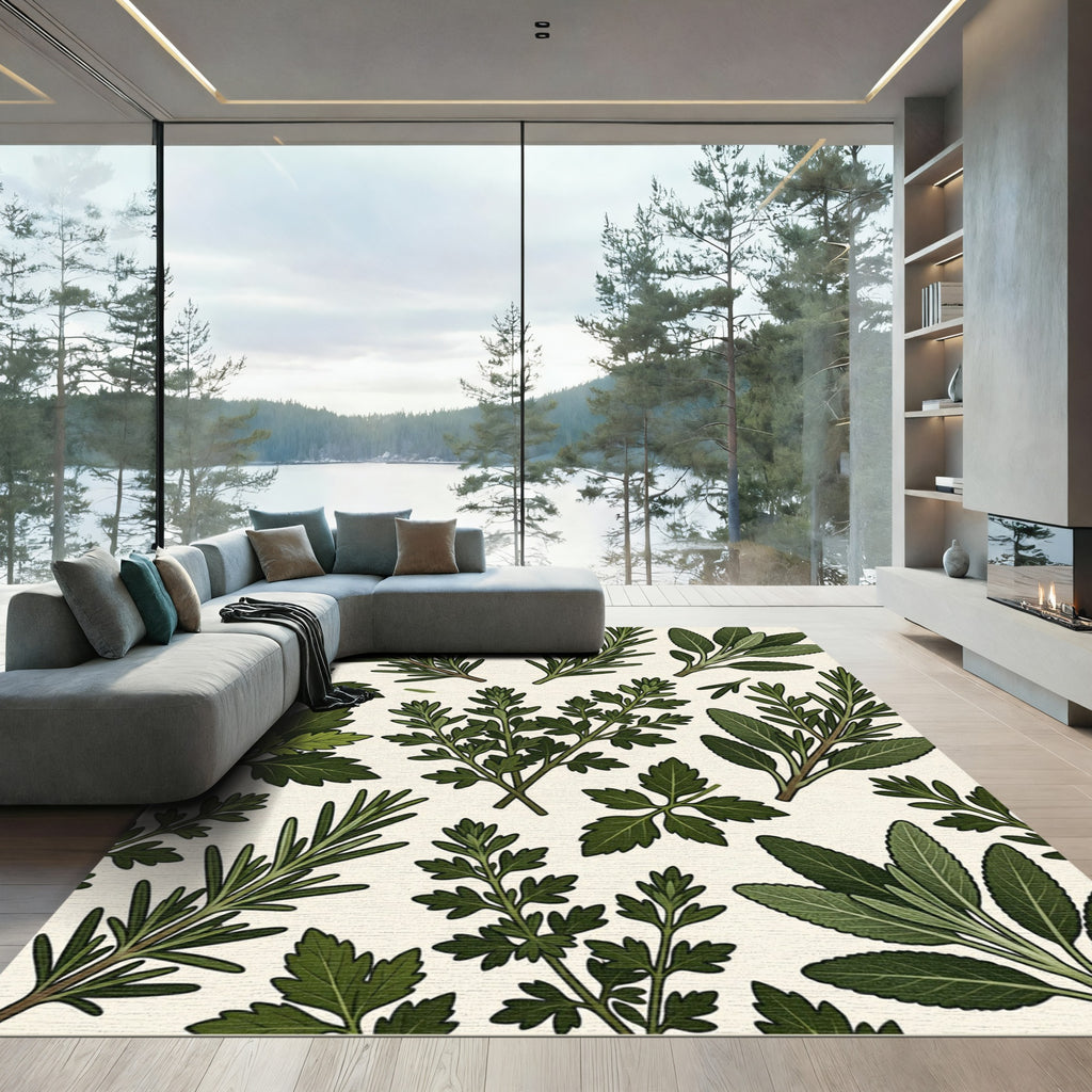 Lush Green Culinary Herb Botanical Illustration Rug