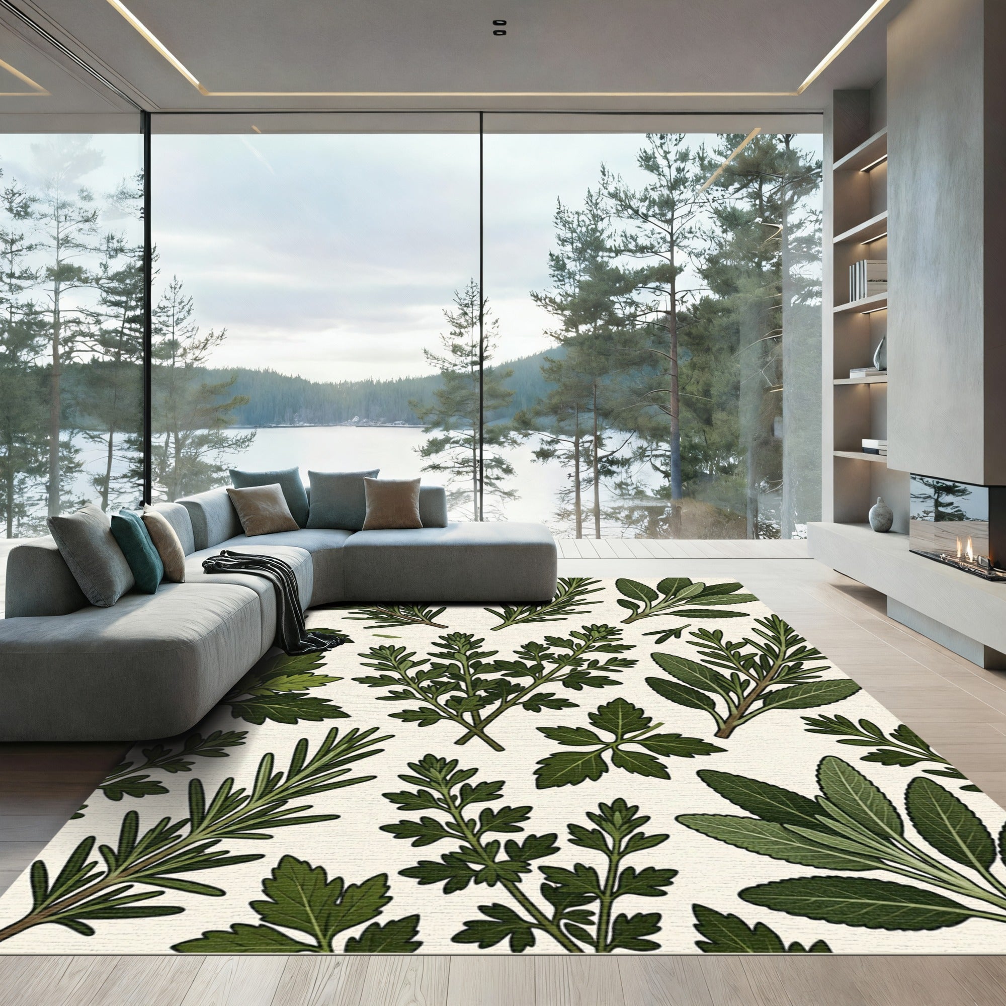 Lush Green Culinary Herb Botanical Illustration Rug