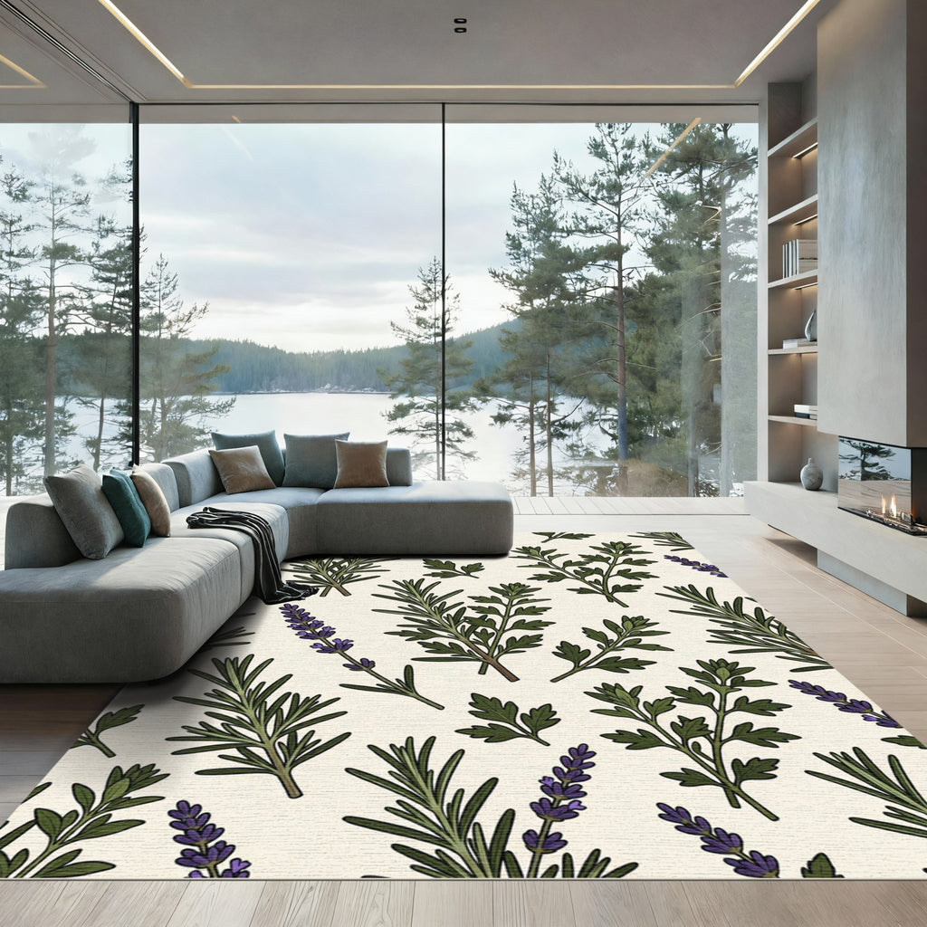 Green Herb Sprigs Lavender Botanical Rug