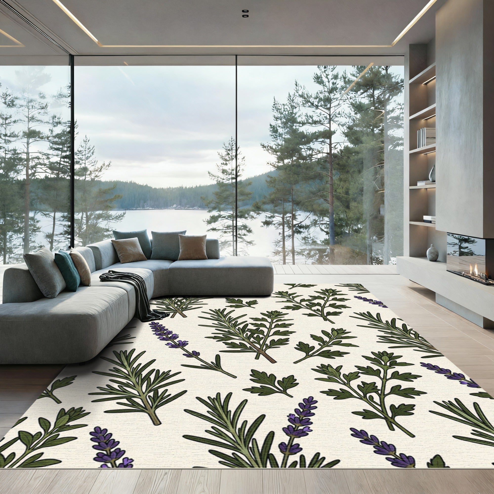 Green Herb Sprigs Lavender Botanical Rug