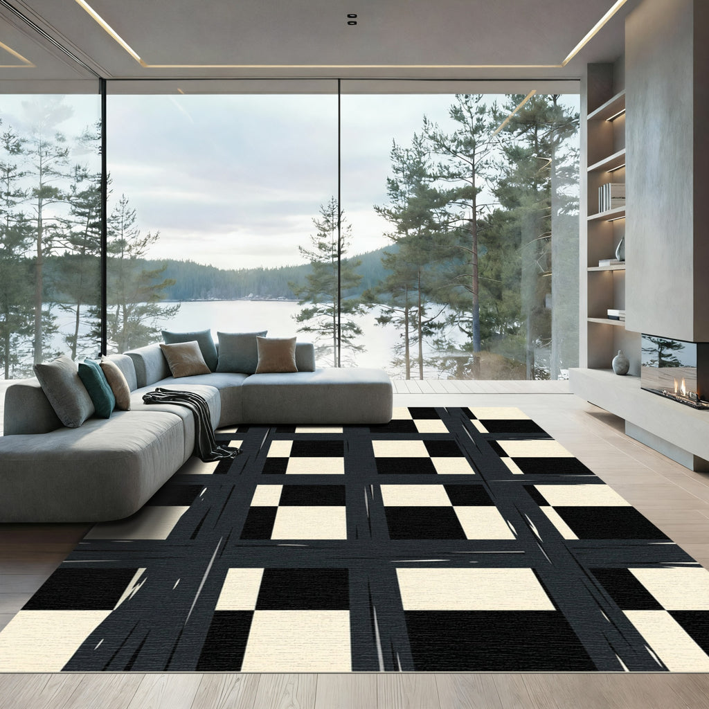 Monochromatic Textured Checkered Grid Rug
