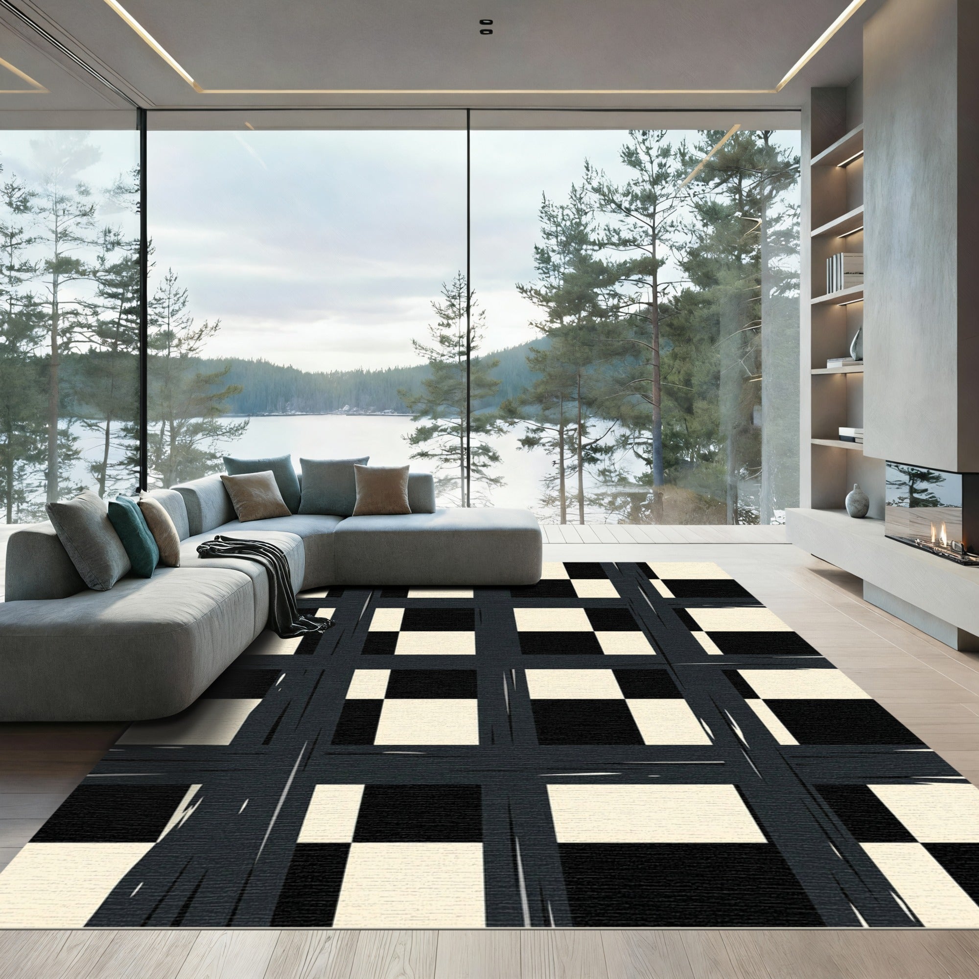 Monochromatic Textured Checkered Grid Rug