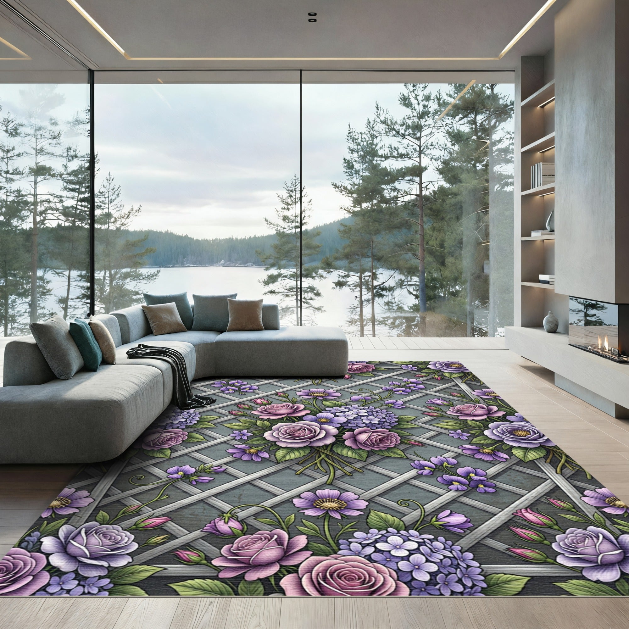 Purple Roses Hydrangea Lattice Garden Rug