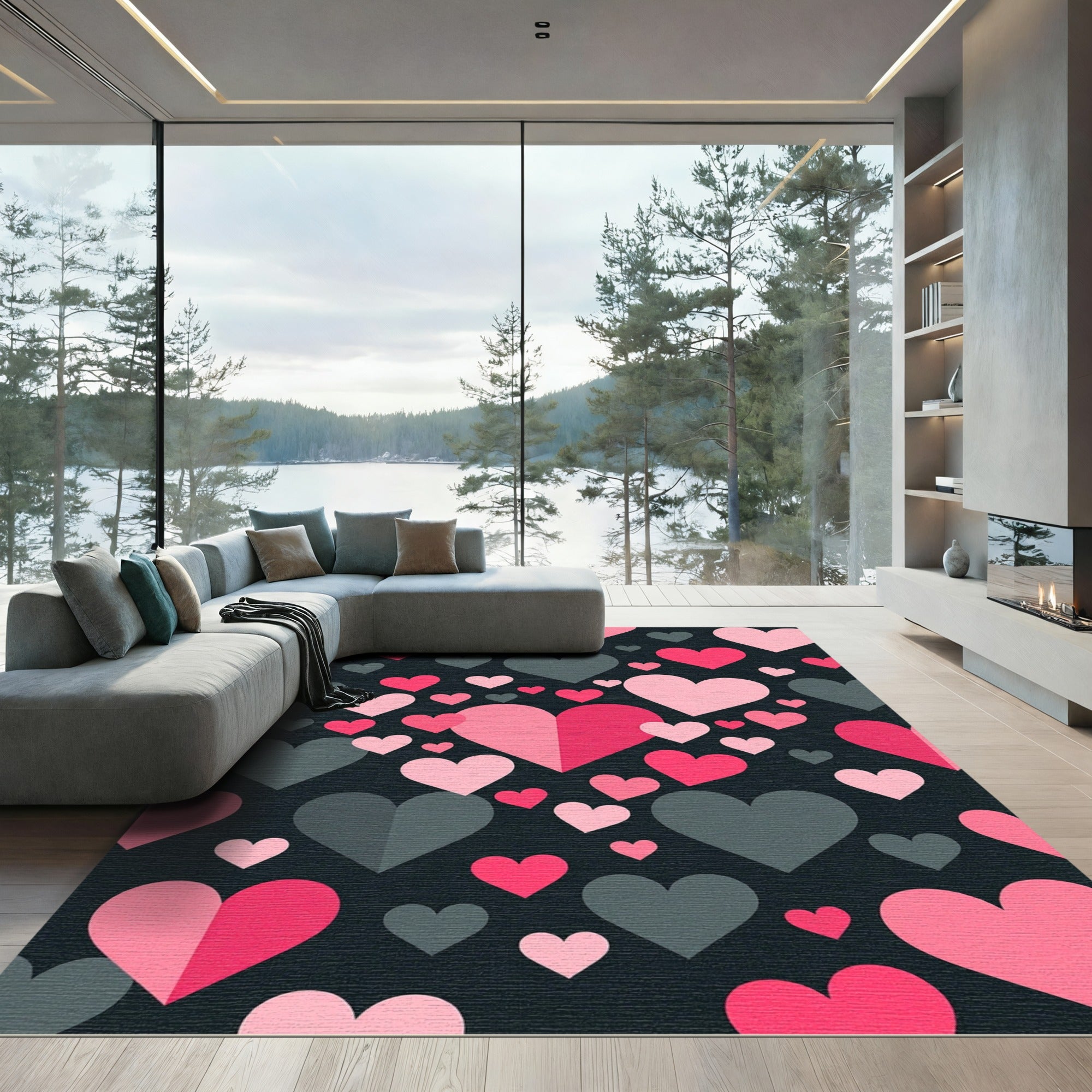 Pink Gray Heart Scatter Rug