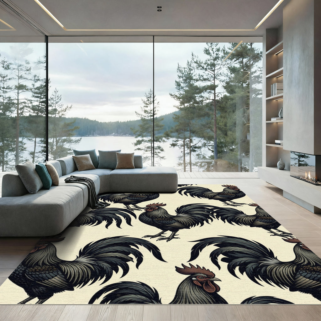 Gothic Charcoal Rooster Folk Art Rug