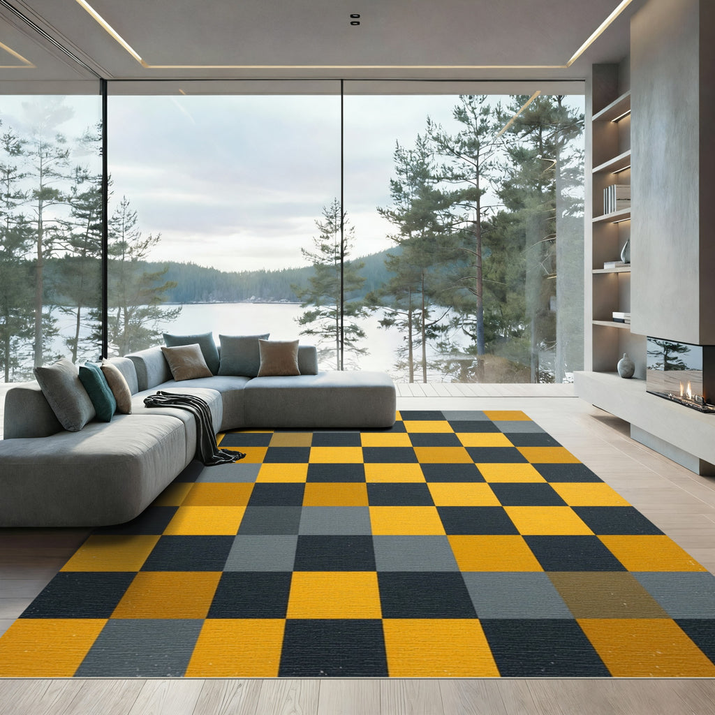 Bold Yellow Gray Checkerboard Squares Rug