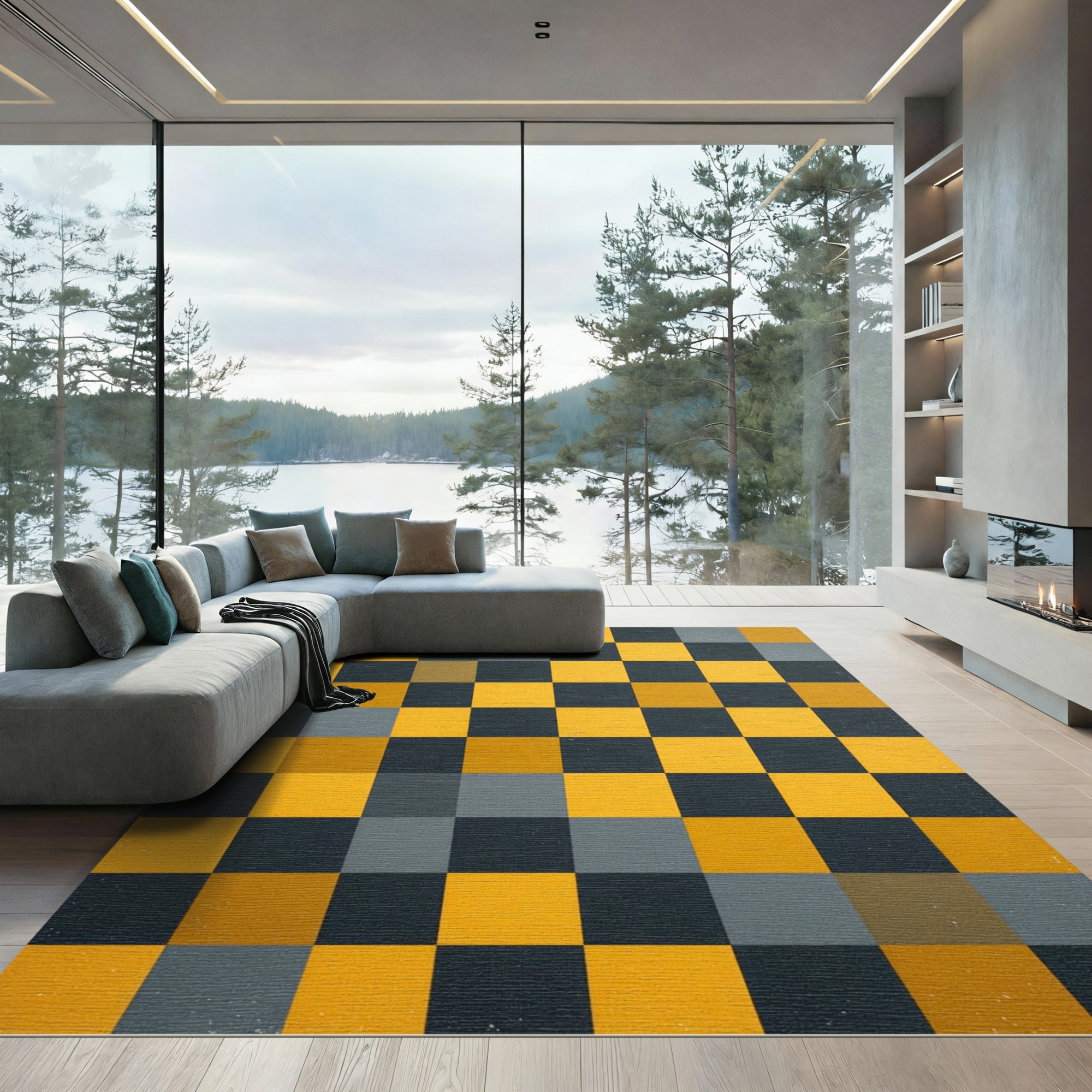 Bold Yellow Gray Checkerboard Squares Rug