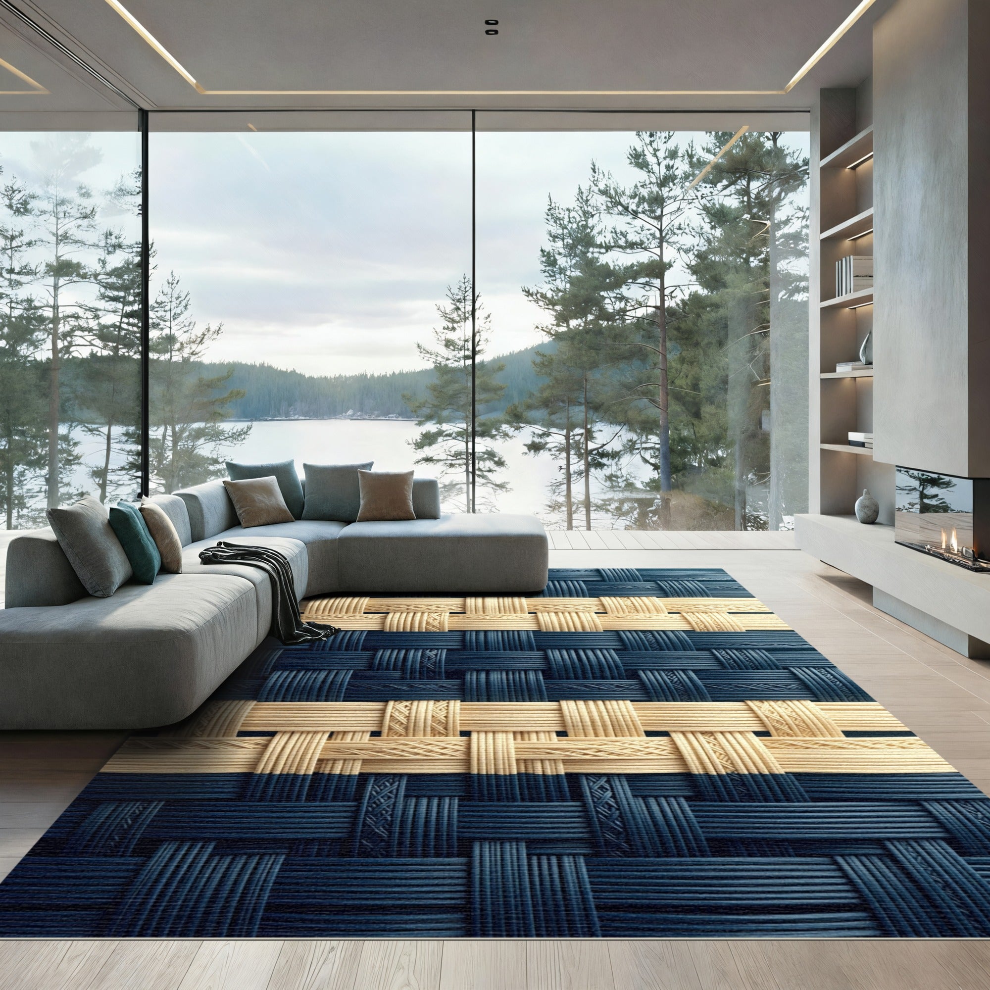 Blue and Cream Woven Geometric Lattice Rug
