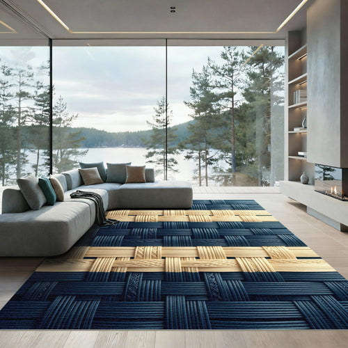 Blue and Cream Woven Geometric Lattice Rug