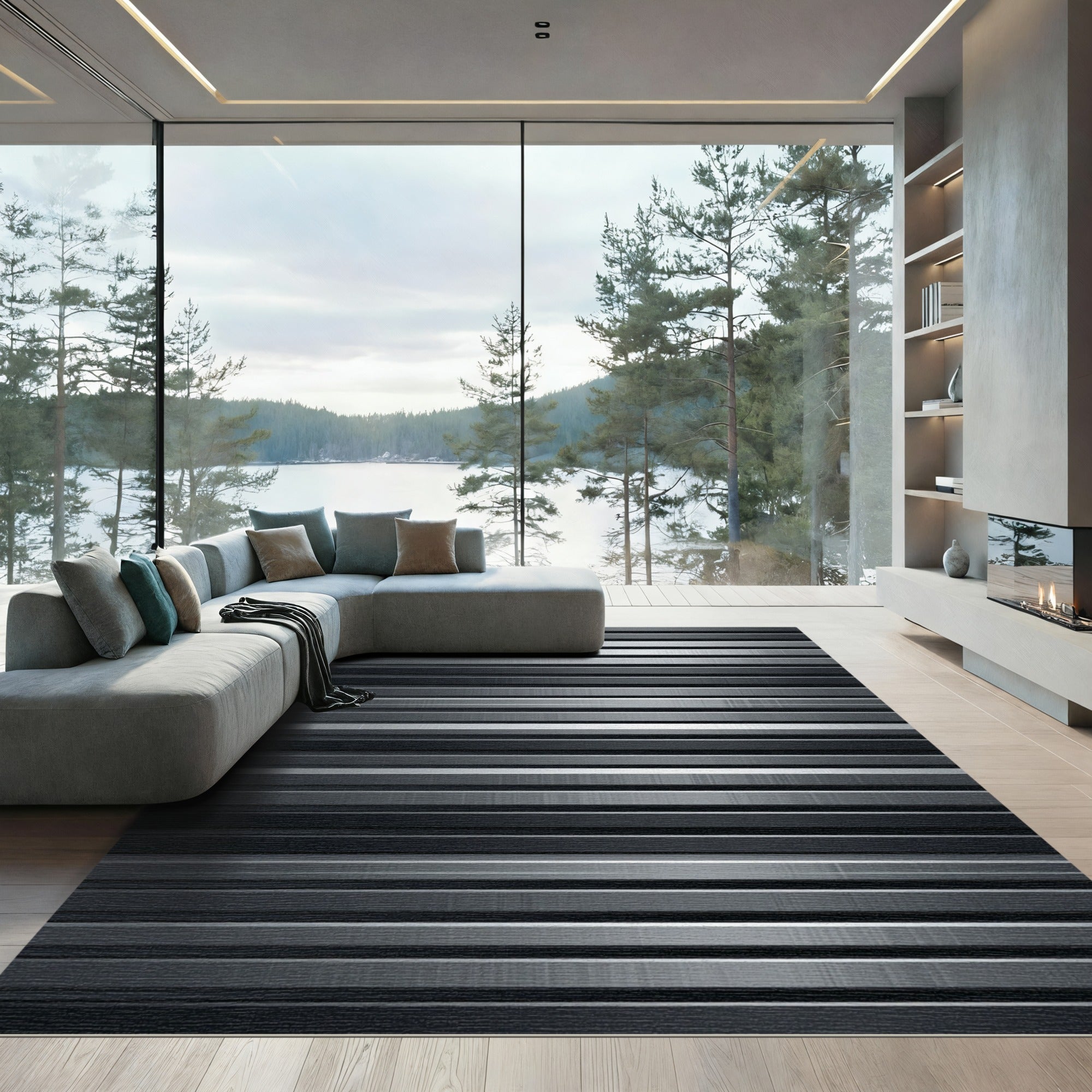 Modern Sleek Metallic Silver Striped Rug