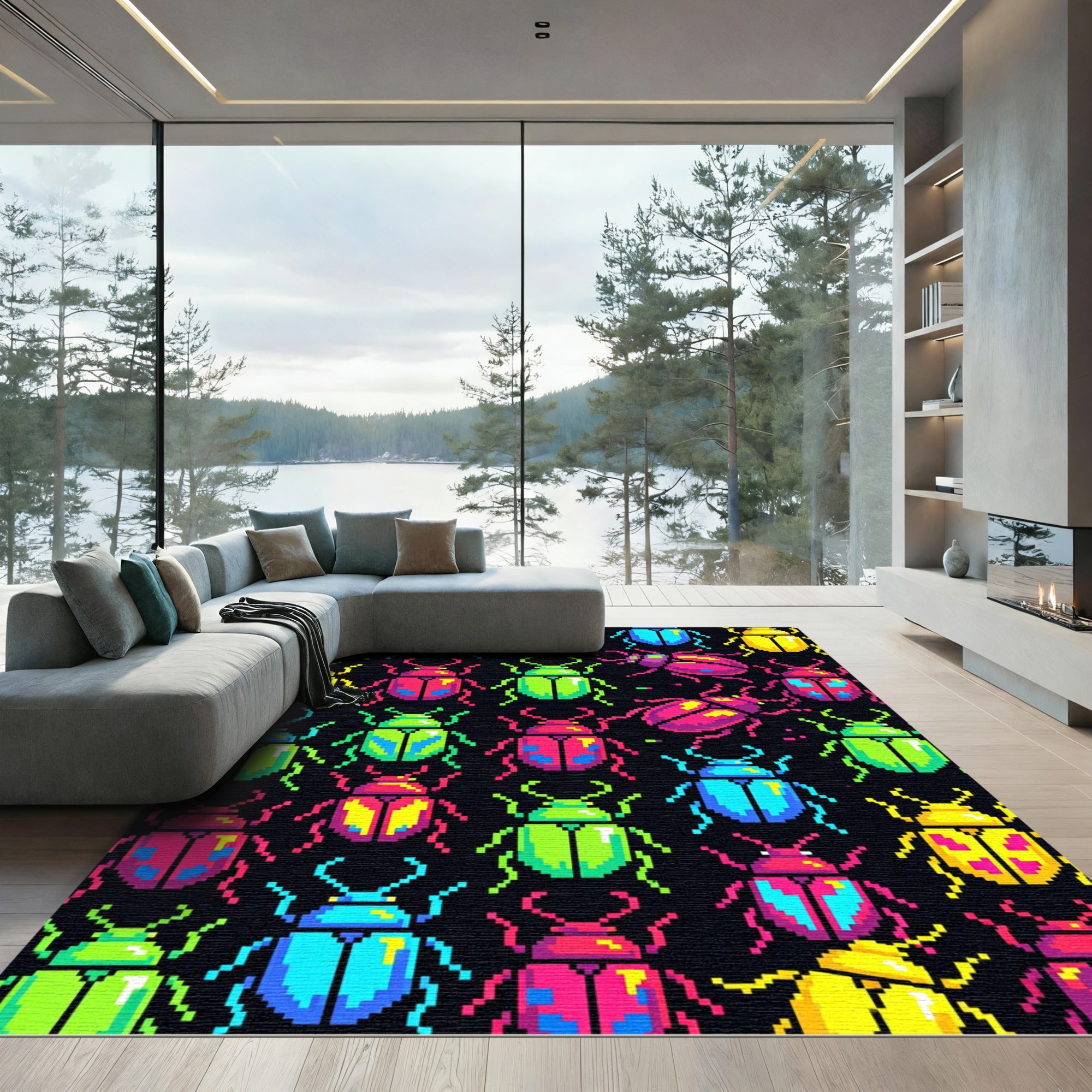 Vibrant Pixel Beetle Neon Graphic Art Rug