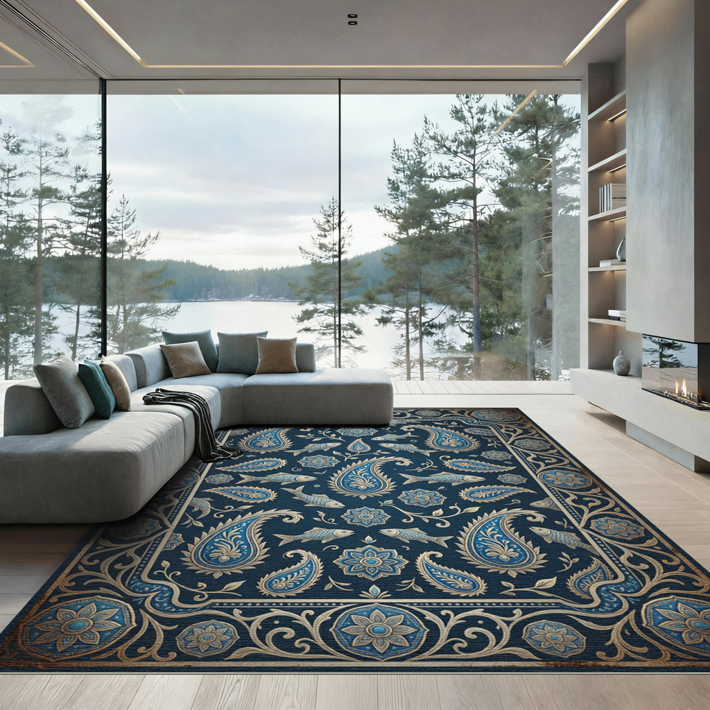 Navy Blue Paisley Fish Medallion Rug