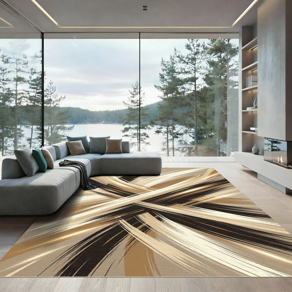 Abstract Gold Brushstroke Swirls Rug