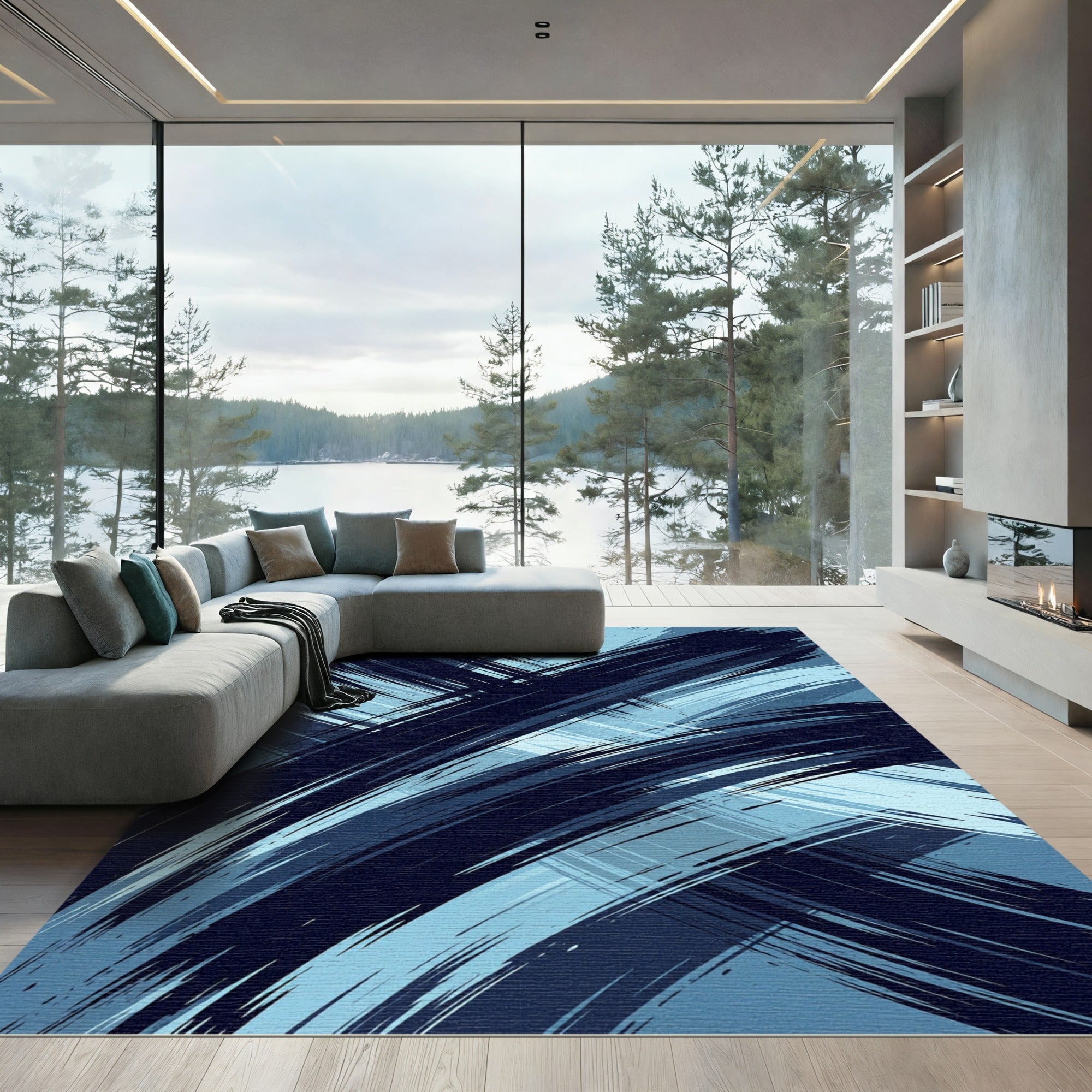 Deep Blue Abstract Brush Stroke Rug