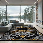 Ornate Gold Silver Scrollwork Border Rug