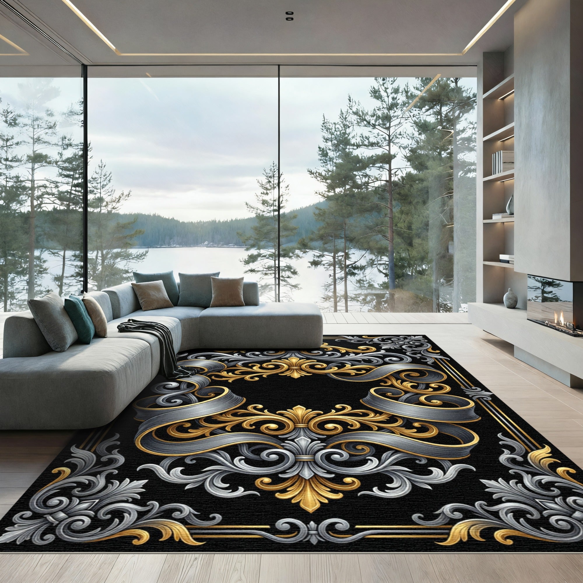 Ornate Gold Silver Scrollwork Border Rug