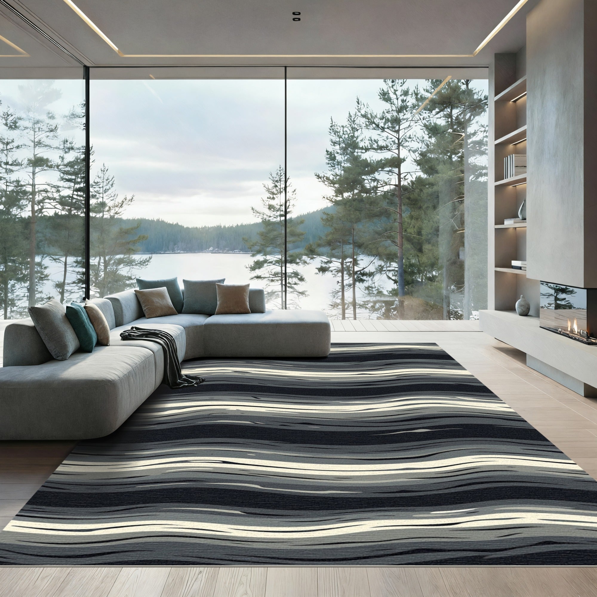 Monochrome Wavy Abstract Layered Lines Rug