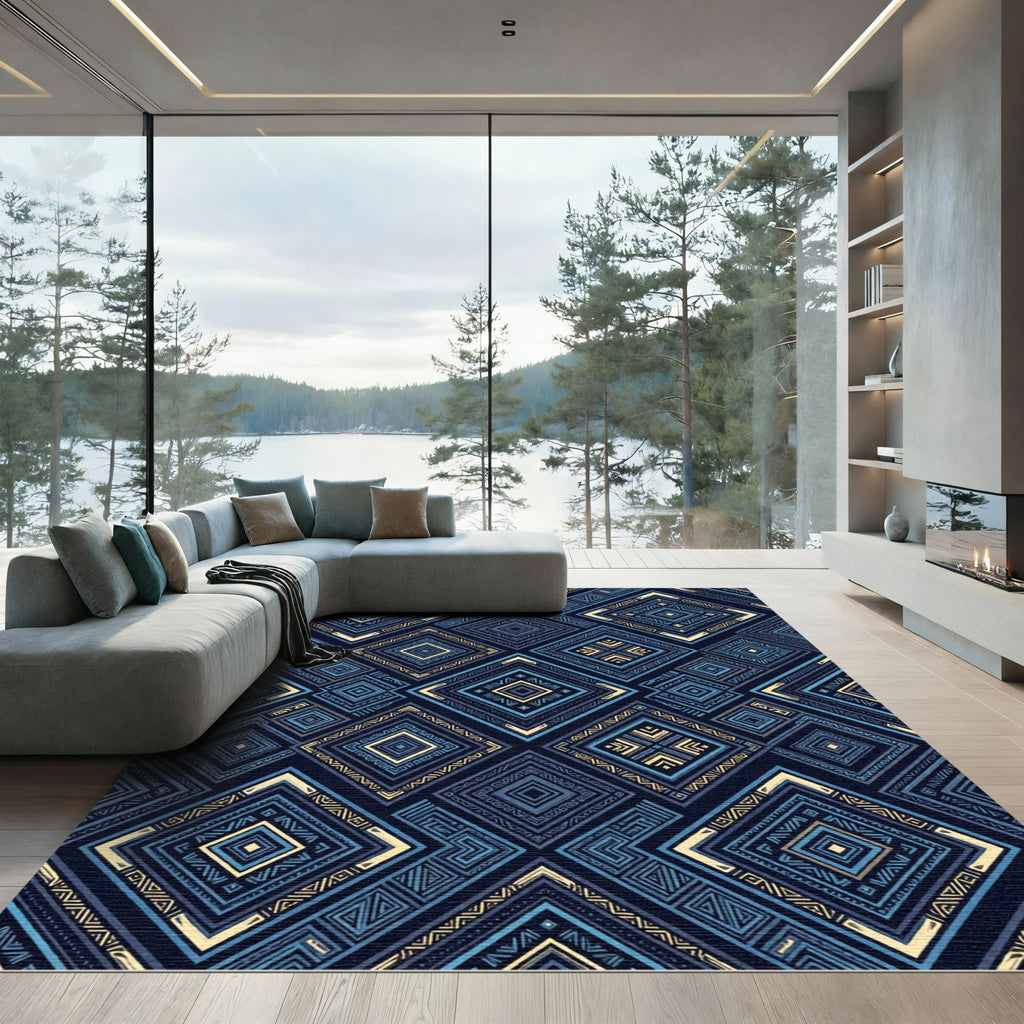Navy Blue Geometric Diamond Tribal Rug
