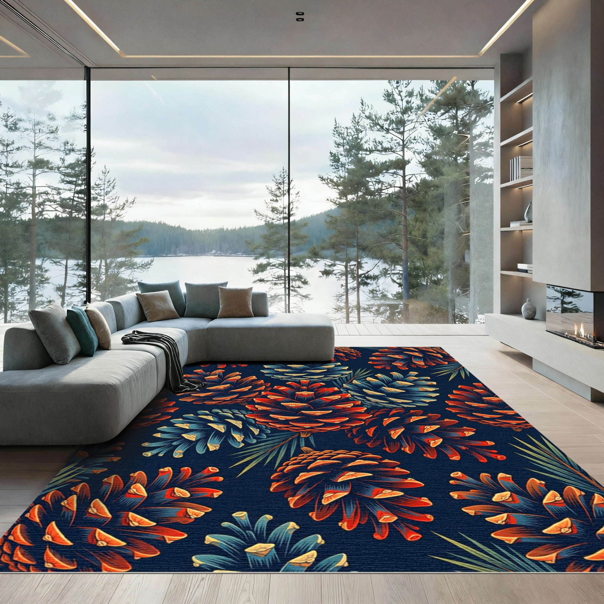 Midnight Pinecone Botanical Forest Art Rug