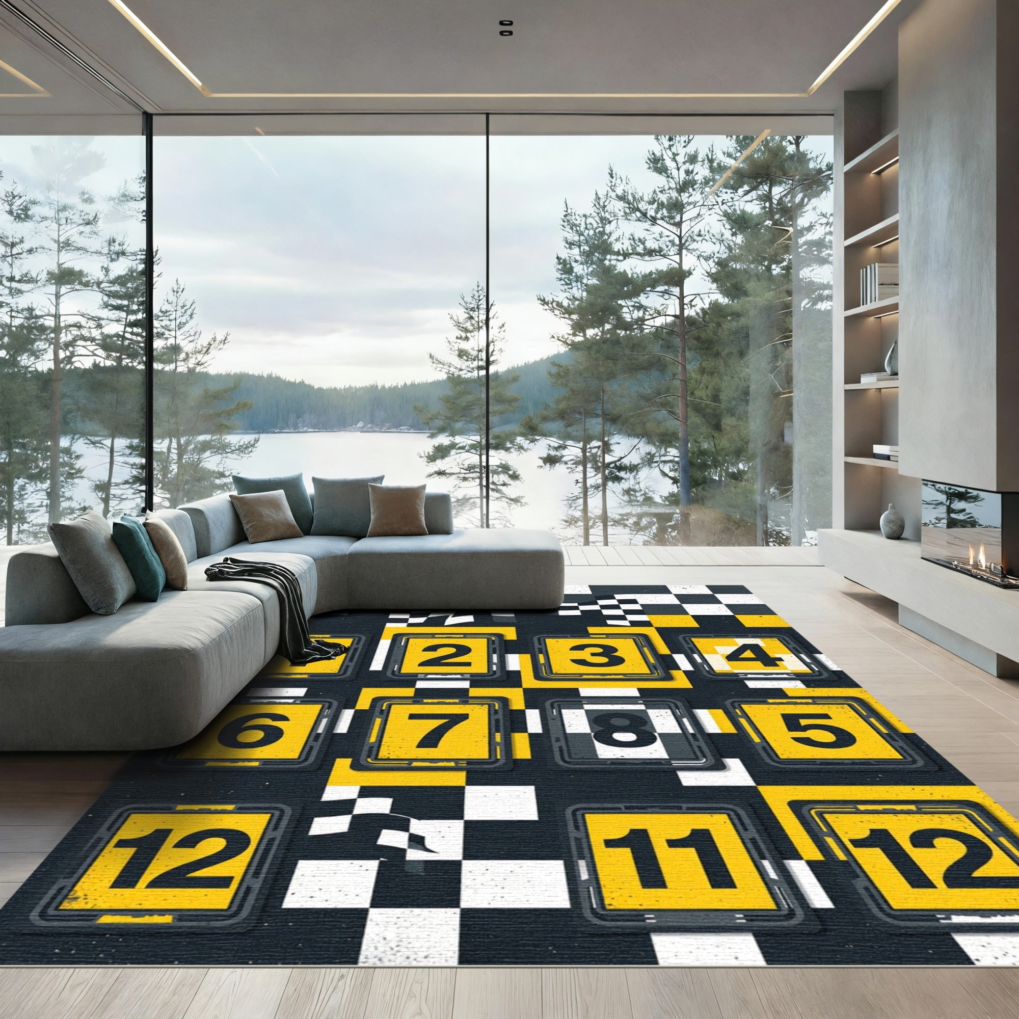 Checkerboard Racing Numeric Grid Yellow Black Rug