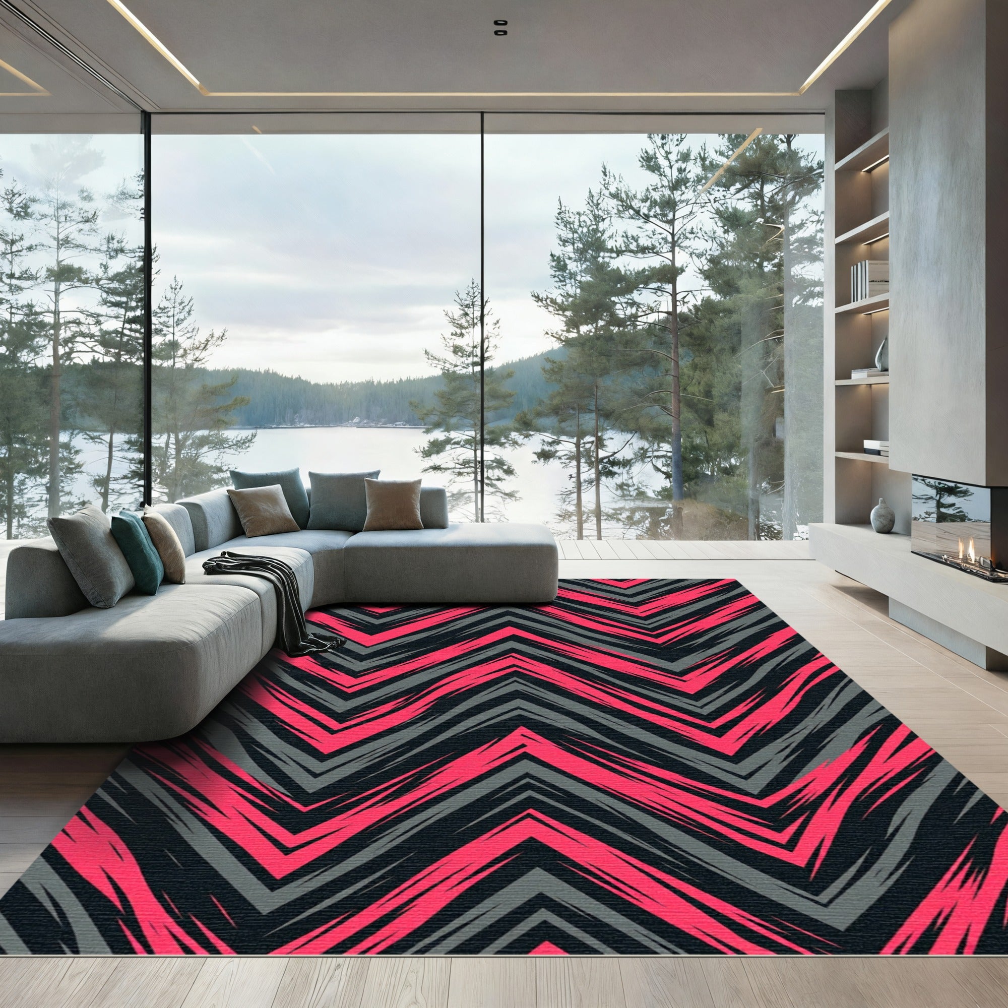 Bold Pink and Gray Chevron Zigzag Rug