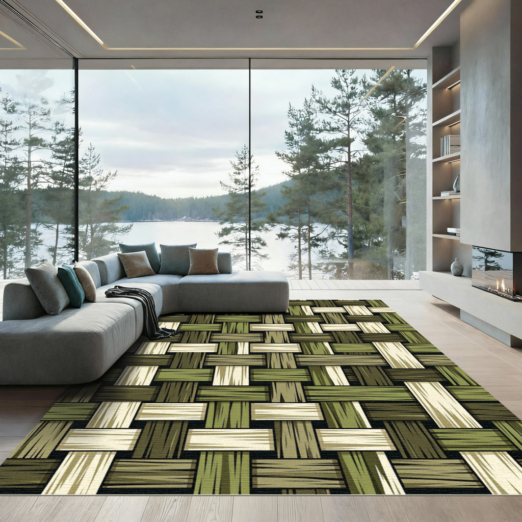 Earthy Green Textured Woven Checkered Rug