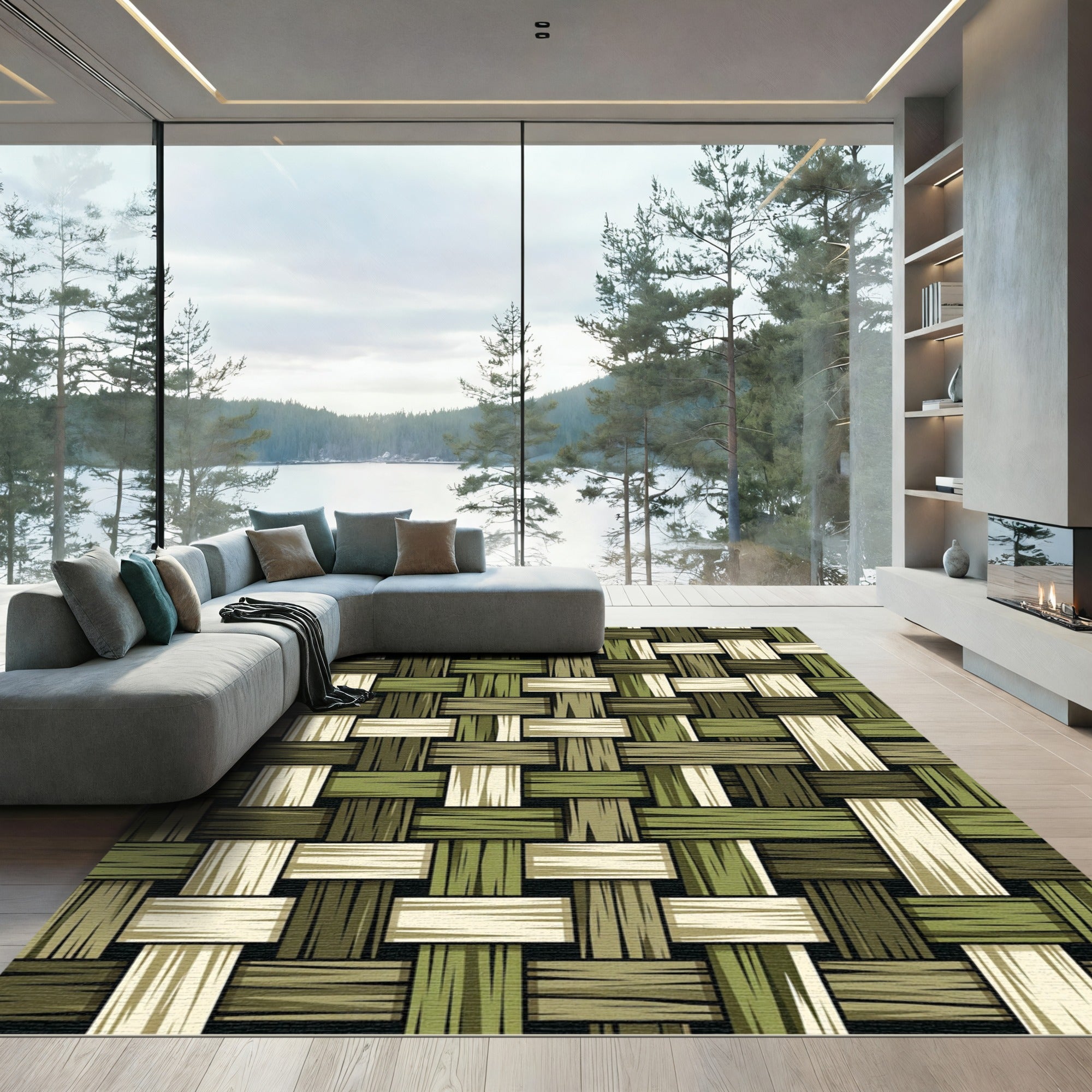 Earthy Green Textured Woven Checkered Rug