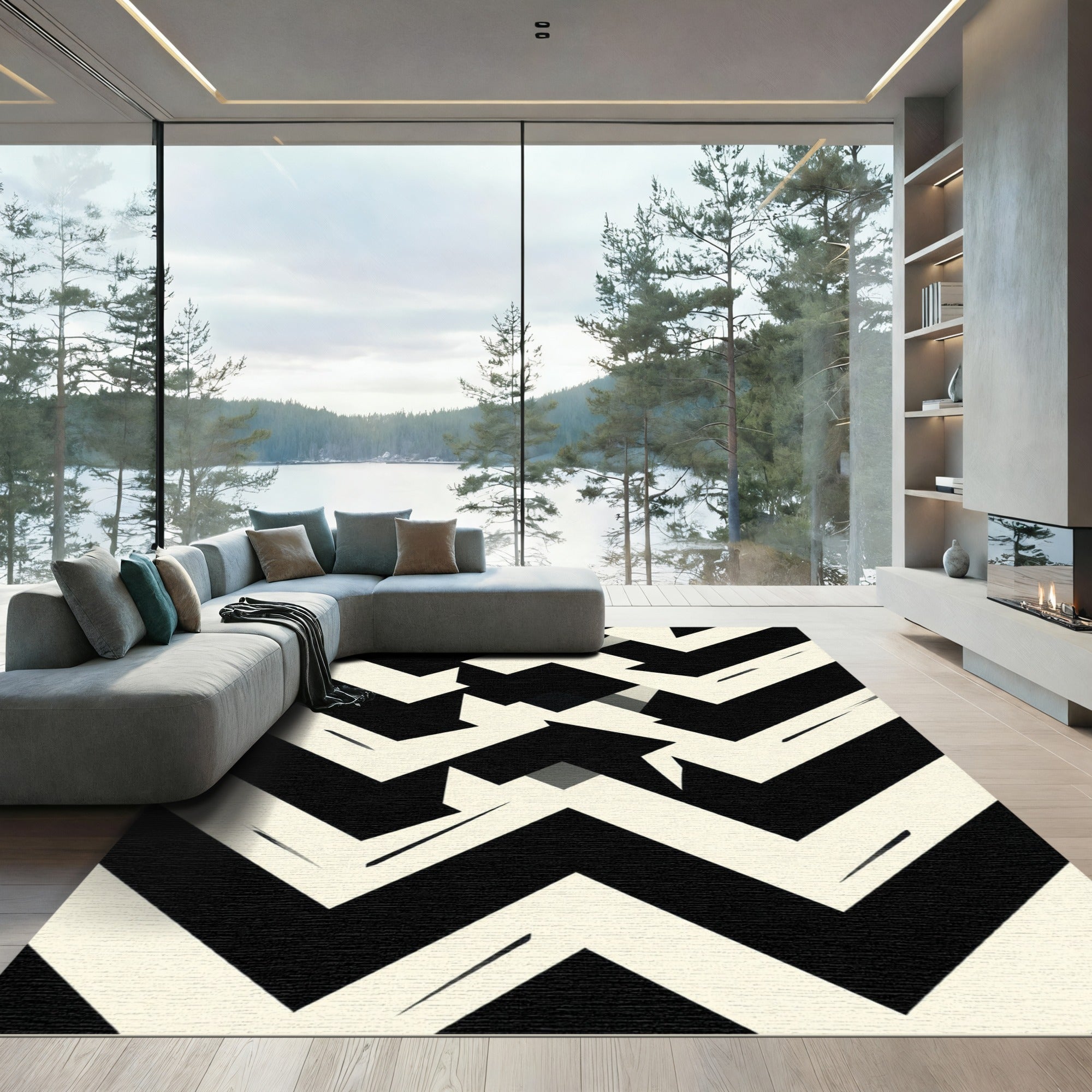 Bold Monochrome Geometric Chevron Abstract Rug