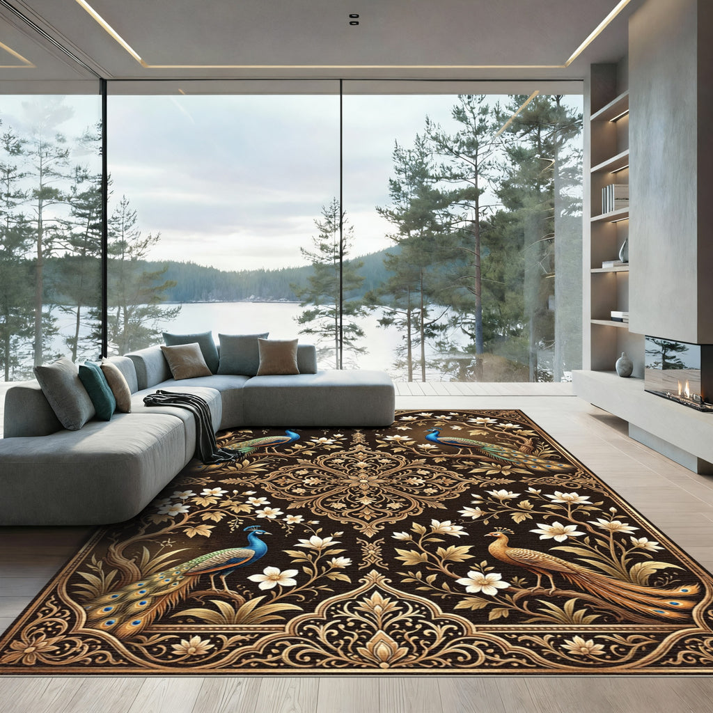 Golden Peacock Floral Regal Composition Rug